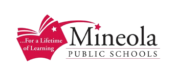 Logo of Mineola Public Schools featuring a stylized open book and the tagline '...For a Lifetime of Learning'.
