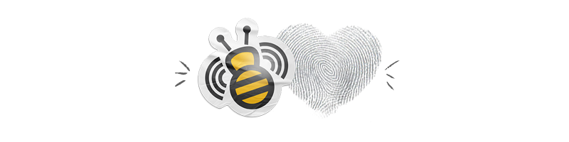A graphic featuring a stylized bee next to a heart made of fingerprint patterns.