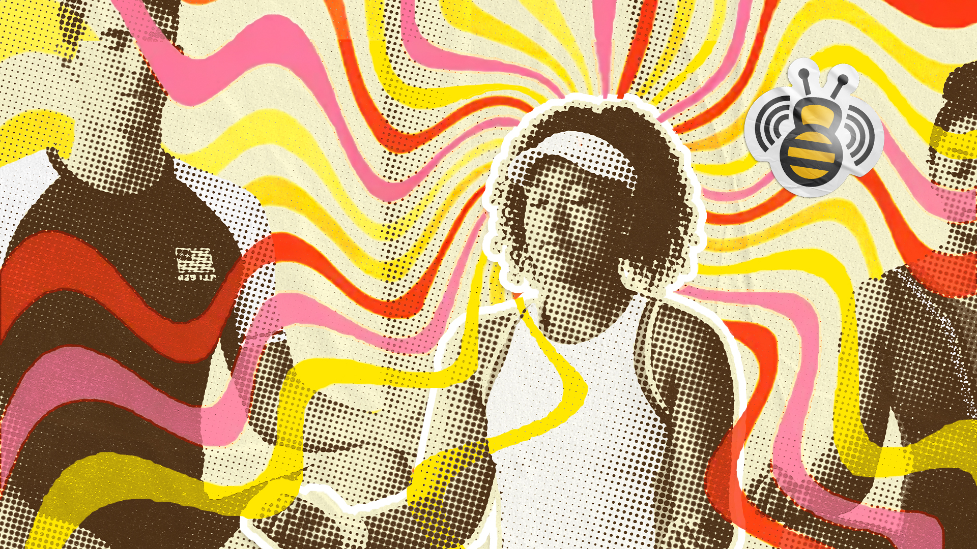 Artistic illustration featuring three figures with a vibrant swirl pattern in the background, incorporating colors like pink, yellow, and red.