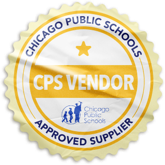 Seal of approval for CPS vendors, featuring the text 'CPS VENDOR' and 'Approved Supplier' with a silhouette of children and the logo of Chicago Public Schools.