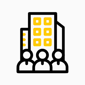 Icon representing a group of people in front of buildings, symbolizing community or business.