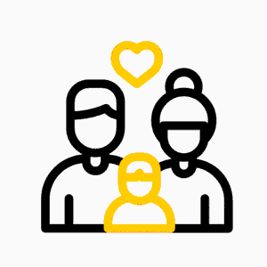 An illustration of a family consisting of two adults and a child, with a heart symbol above them.