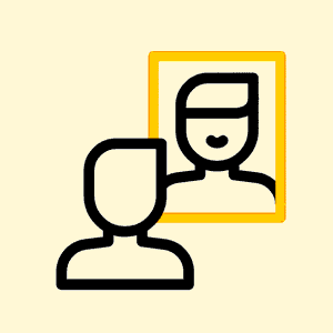 An illustration depicting a person standing next to a framed portrait of themselves.
