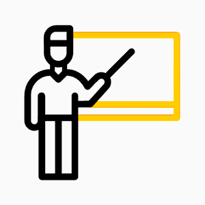 A simple illustration of a person with a pointer standing beside a chalkboard.